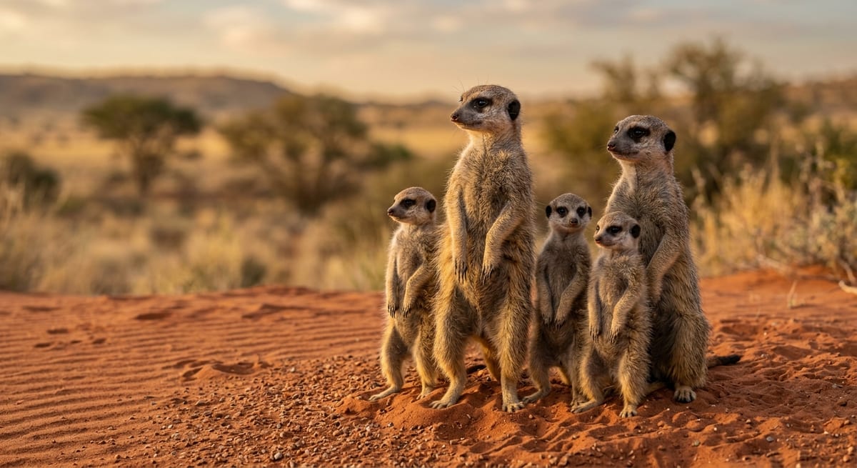 Suricatas en la naturaleza Grupo de suricatas en el desierto, ejemplo de animales que empiezan por S.