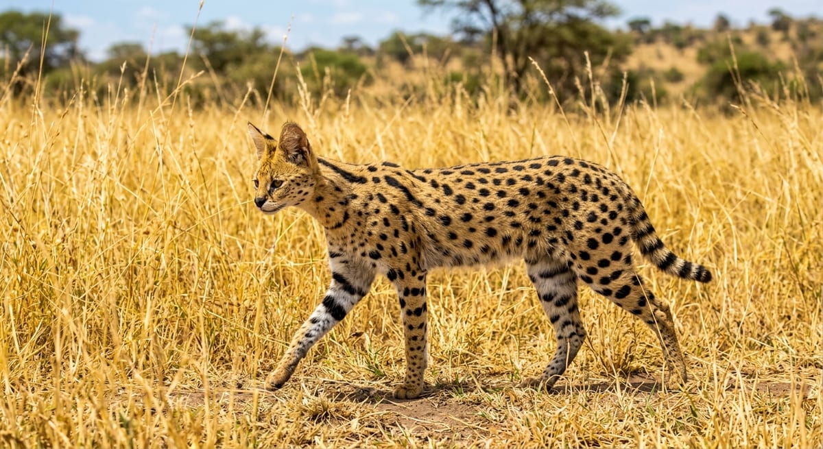 Serval en los pastizales Gato Serval caminando en la sabana, mamífero sorprendente que inicia con la letra S.