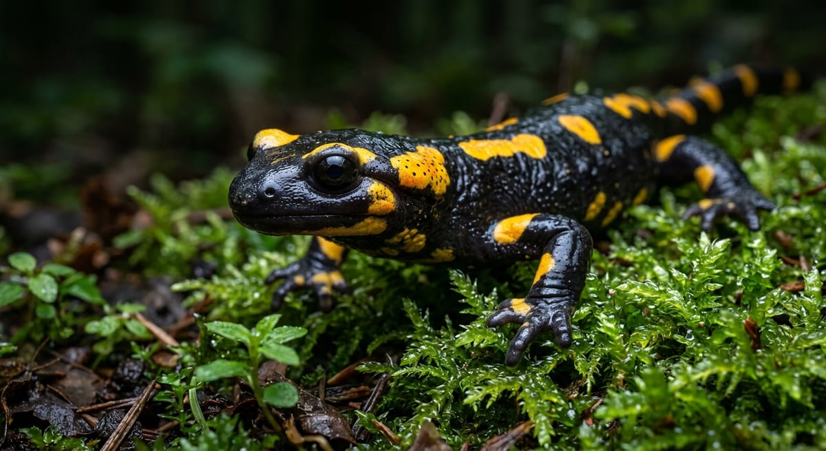 Salamandra en el bosque Salamandra común sobre musgo, ejemplo de anfibios que empiezan por S.