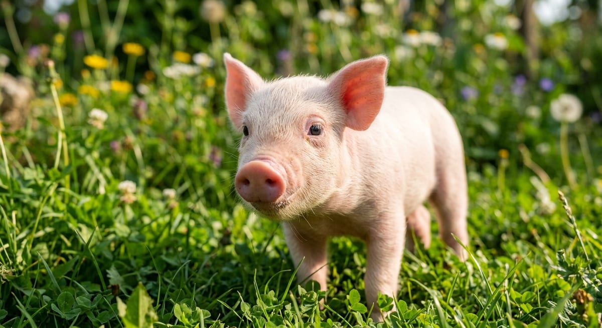 Cerdito buscando nombre Cerdito mascota adorable en un jardín soleado buscando un nombre original.