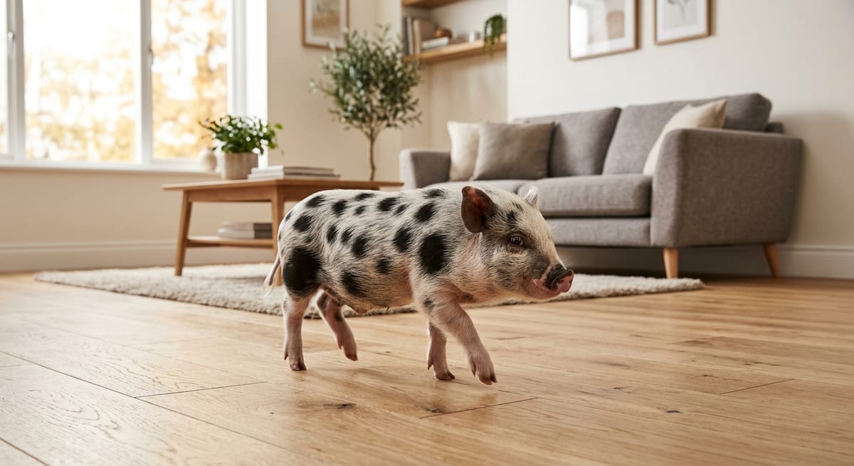 Cerdito macho en casa Cerdito macho con manchas en una casa limpia, ideal para nombres clásicos y divertidos.