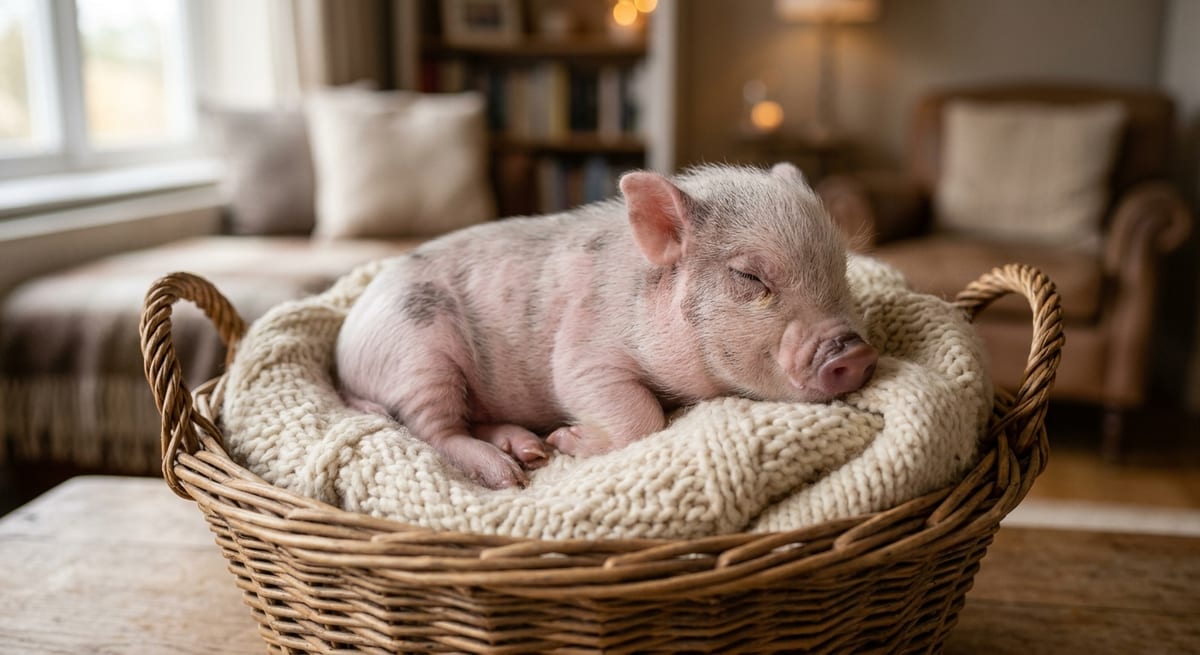 Mini pig en su cesta Mini pig bebé en una cesta, representando la ternura de los nombres para cerditos pequeños.