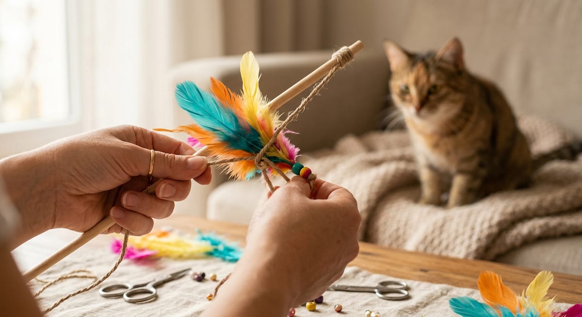 Tutorial de juguetes DIY Proceso de creación de una caña de pescar casera para gatos con plumas y madera.