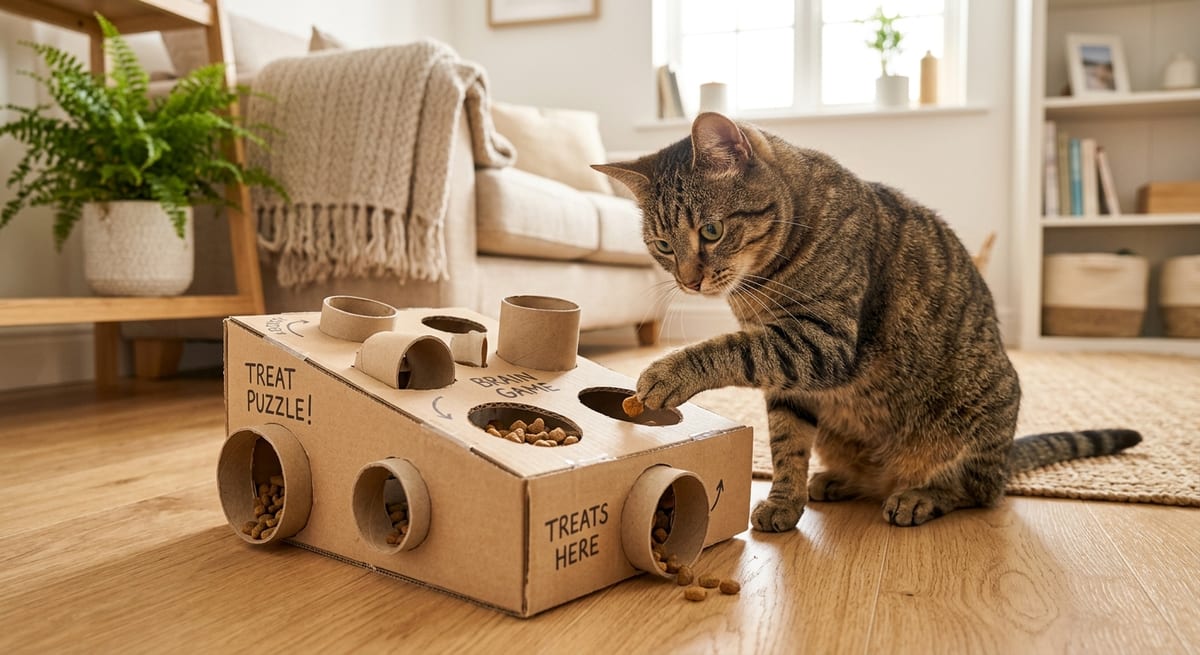 Estimulación mental felina Gato concentrado resolviendo un puzzle de inteligencia casero para obtener premios.