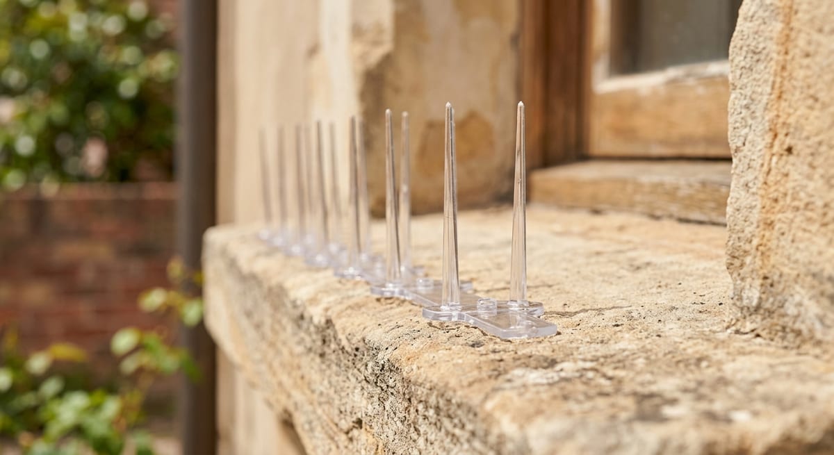 Barreras físicas discretas Barreras físicas de pinchos transparentes instalados en una cornisa para evitar que se posen las aves.