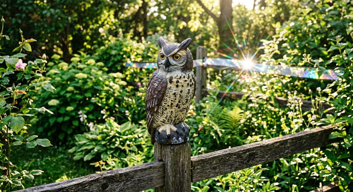 Dispositivos visuales de disuasión Repelentes visuales dinámicos como búhos y cintas reflectantes para asustar aves en el jardín.