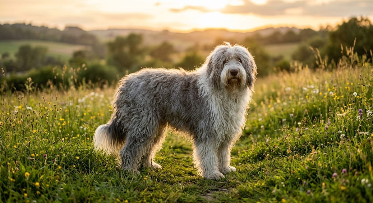 Bobtail o Antiguo Perro de Pastor Inglés Perro Bobtail adulto de pelaje abundante gris y blanco en un entorno natural luminoso.