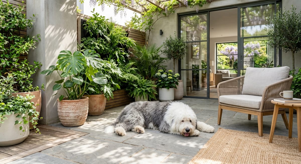 Adaptación del Bobtail en casa Bobtail descansando en un patio fresco y limpio, adaptado a la vida doméstica en México.