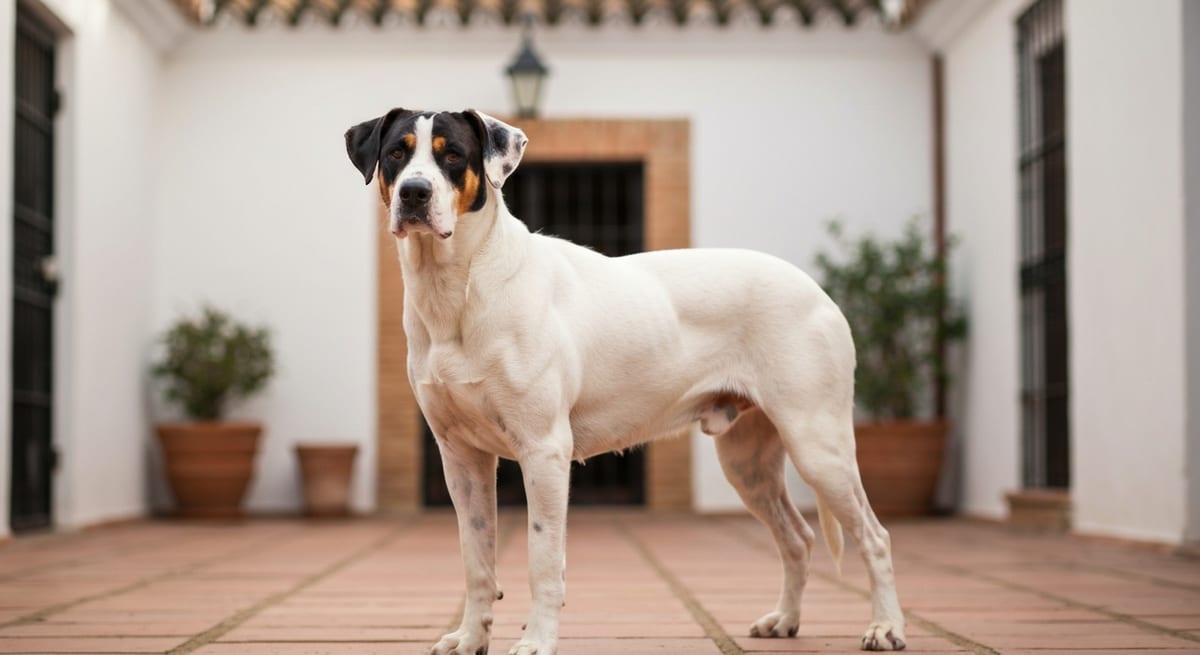 Perro Bodeguero Andaluz de pie en un patio soleado mostrando su lealtad y porte elegante.