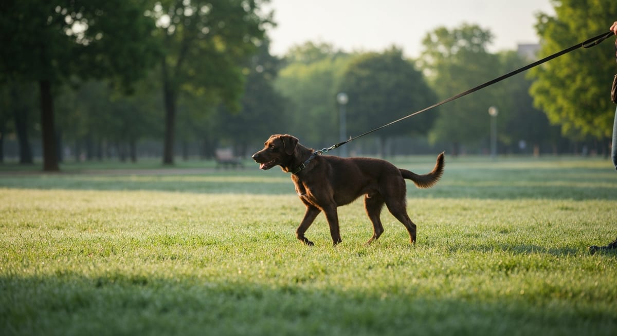 Bodeguero en la ciudad Bodeguero Andaluz paseando con correa en un parque urbano adaptándose a la vida en la ciudad.
