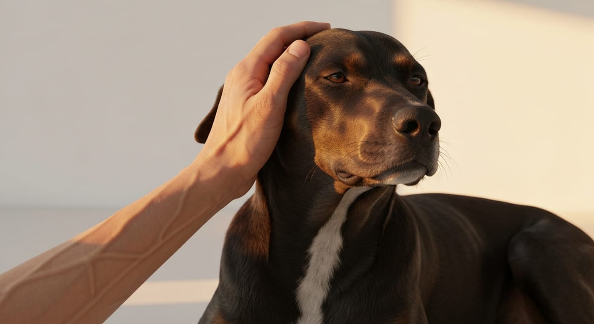 Adopción de Bodeguero Andaluz Perro Bodeguero Andaluz rescatado recibiendo caricias tras una adopción responsable.
