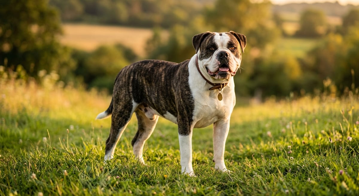 Bulldog Americano en la naturaleza Perro Bulldog Americano adulto de complexión atlética posando en un entorno natural soleado.