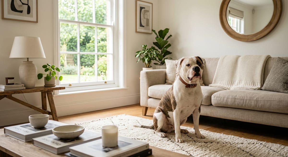Convivencia en el hogar Bulldog Americano relajado en el interior de una casa moderna y luminosa.