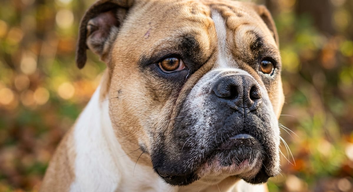 Carácter del Bulldog Americano Retrato de primer plano de un Bulldog Americano con expresión amigable.