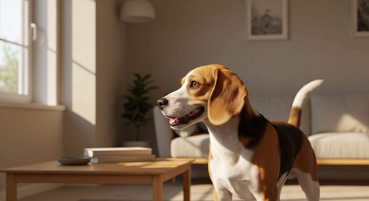 Perro en interior iluminado Perro macho tranquilo en una sala limpia, clave para entender como marcan territorio los perros en casa.