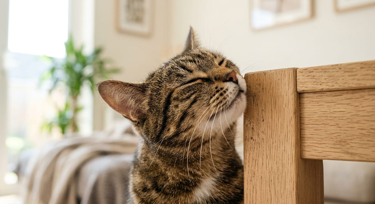 Comportamiento de la gata en celo Gata hembra mostrando señales de celo al frotarse contra muebles en una casa luminosa.
