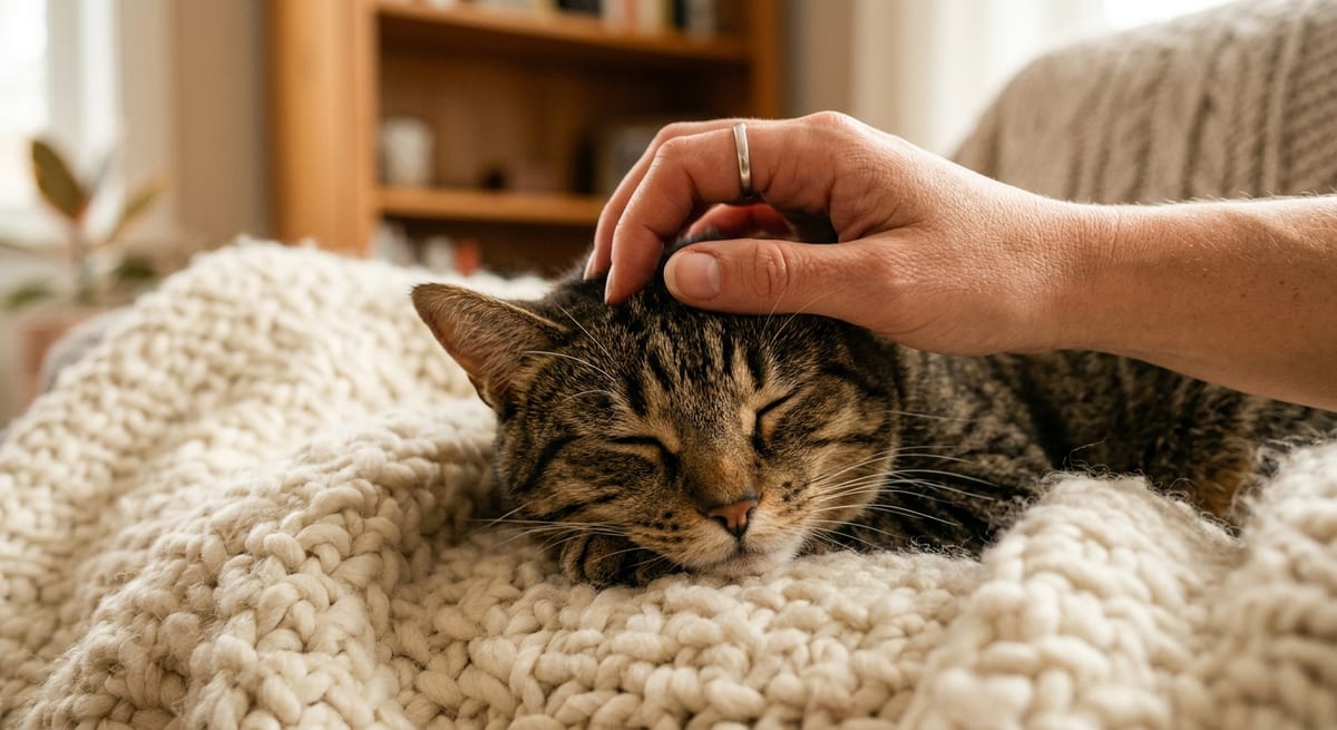 Cómo calmar a un gato Dueño calmando a su gato con caricias suaves para reducir el estrés del celo.
