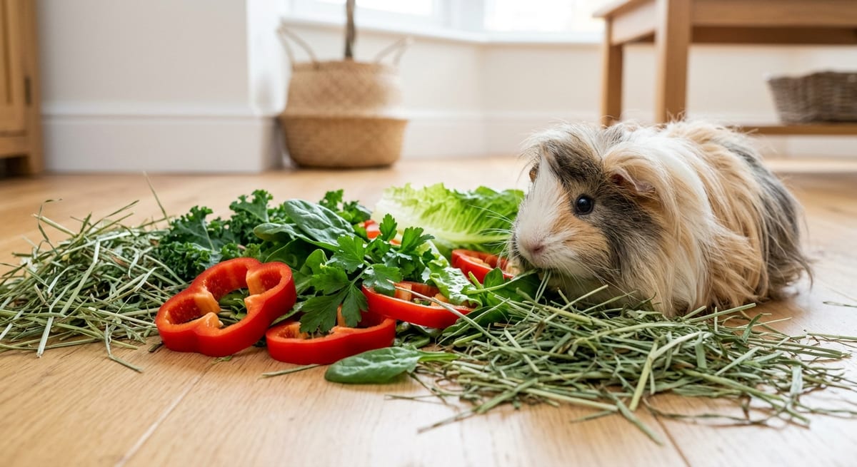Alimentación para el Cuyo Peruano Heno fresco y vegetales ricos en vitamina C esenciales para la dieta de la cobaya peruana.