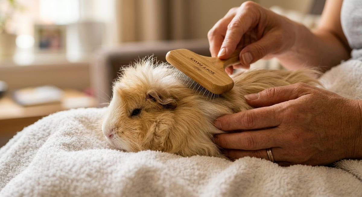 Grooming del Cuyo Peruano Proceso de cepillado y grooming de una cobaya peruana para mantener su pelo sin nudos.