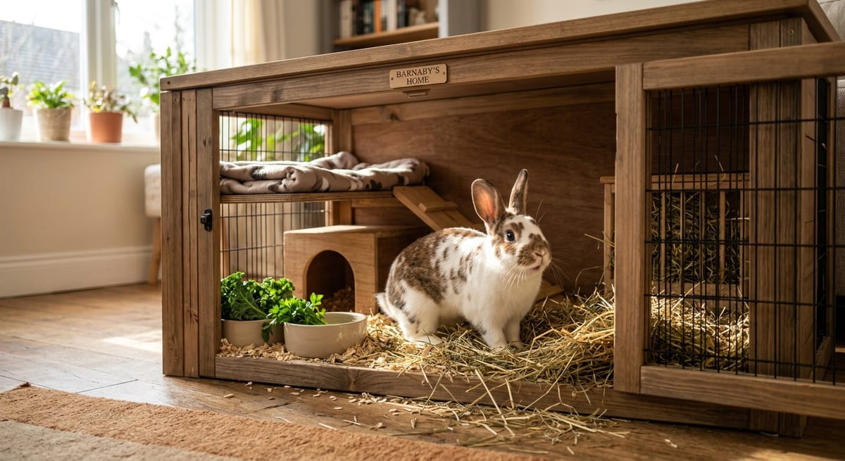 Conejo doméstico en una jaula de madera hecha a mano con diseño espacioso y luz natural