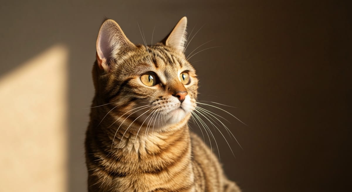 Retrato de gato atigrado Gato atigrado doméstico con patrón mackerel y ojos verdes mirando fijamente a la cámara.