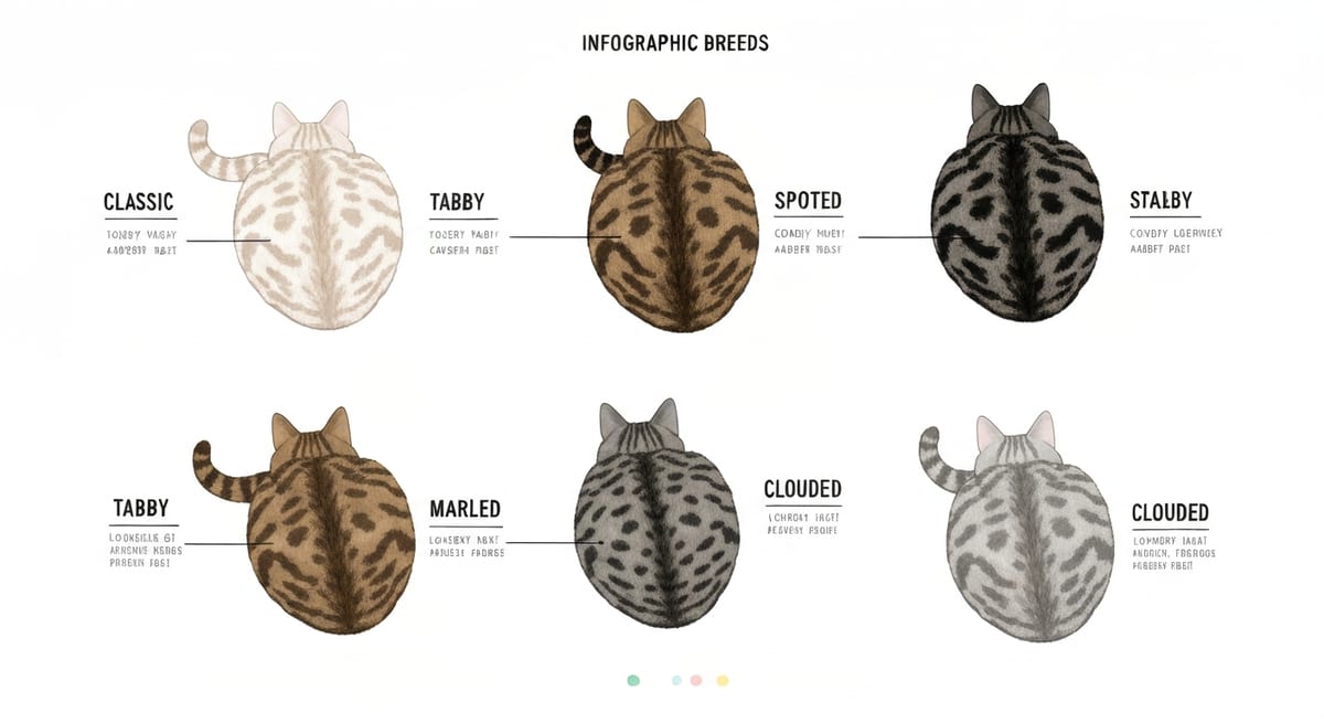 Tipos de patrones atigrados Diagrama comparativo de los 4 tipos de patrones de pelaje en gatos atigrados: mackerel, clásico, moteado y marcado.