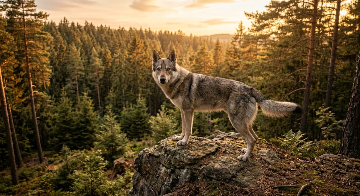 Majestuosidad del Perro Lobo Checoslovaco Perro lobo checoslovaco adulto posando en un bosque iluminado mostrando su parecido con el lobo.