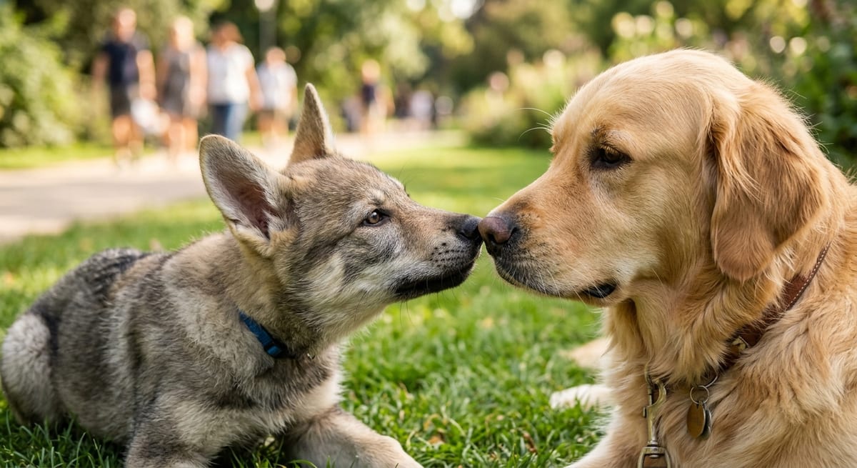 Socializacion Temprana del Cachorro Cachorro de perro lobo checoslovaco en proceso de socializacion temprana con otros perros.