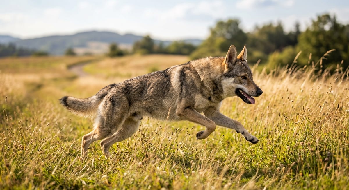 Atleta de Alto Rendimiento Perro lobo checoslovaco realizando ejercicio intenso en campo abierto para quemar energia.
