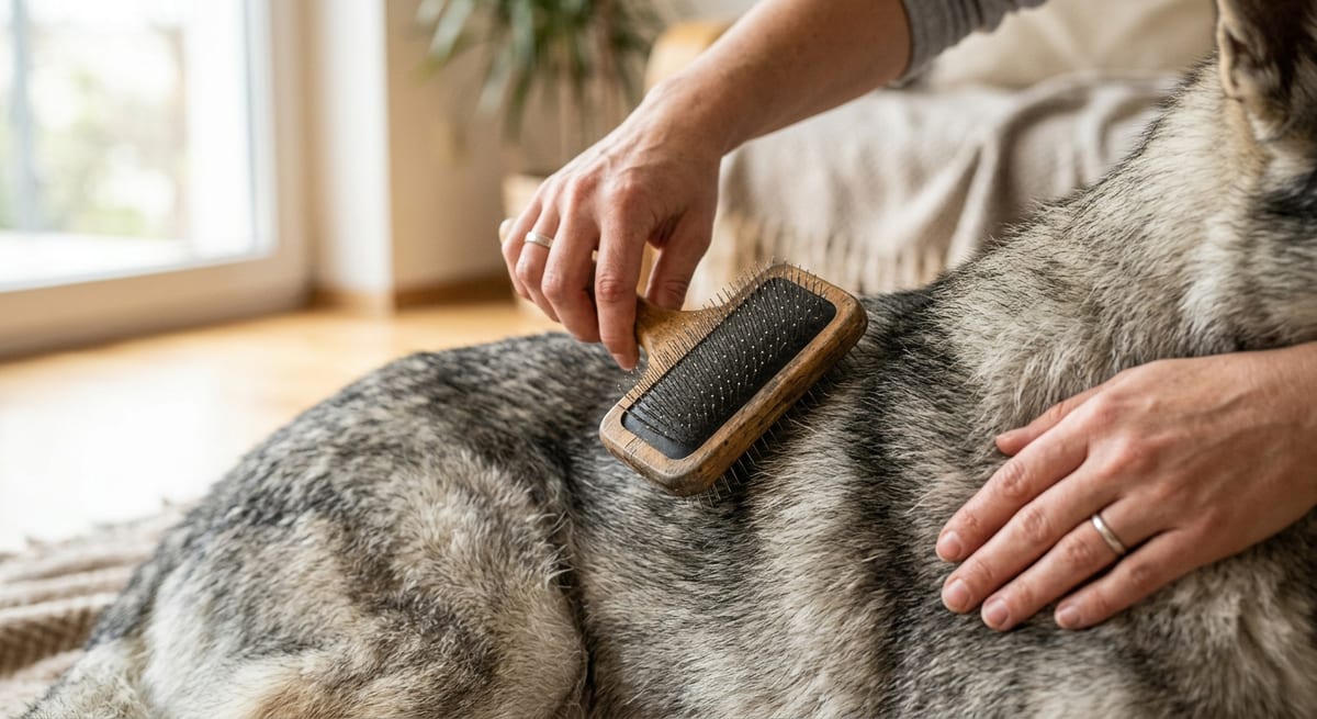 Mantenimiento del Pelaje Proceso de cepillado del pelaje denso del perro lobo checoslovaco durante la epoca de muda.
