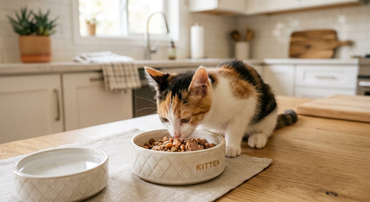 Nutrición balanceada para gatitos Plato de comida nutritiva para gatos cachorros en un entorno doméstico limpio.