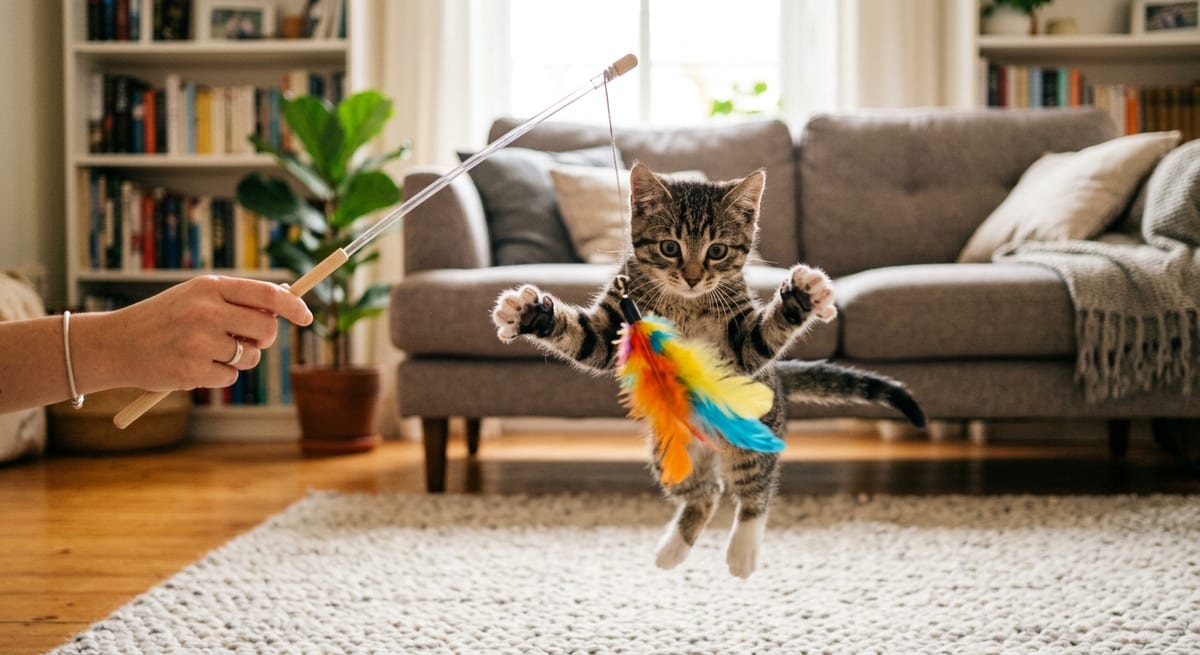 Socialización y juego activo Gatito cachorro jugando con su dueño para fomentar la socialización.
