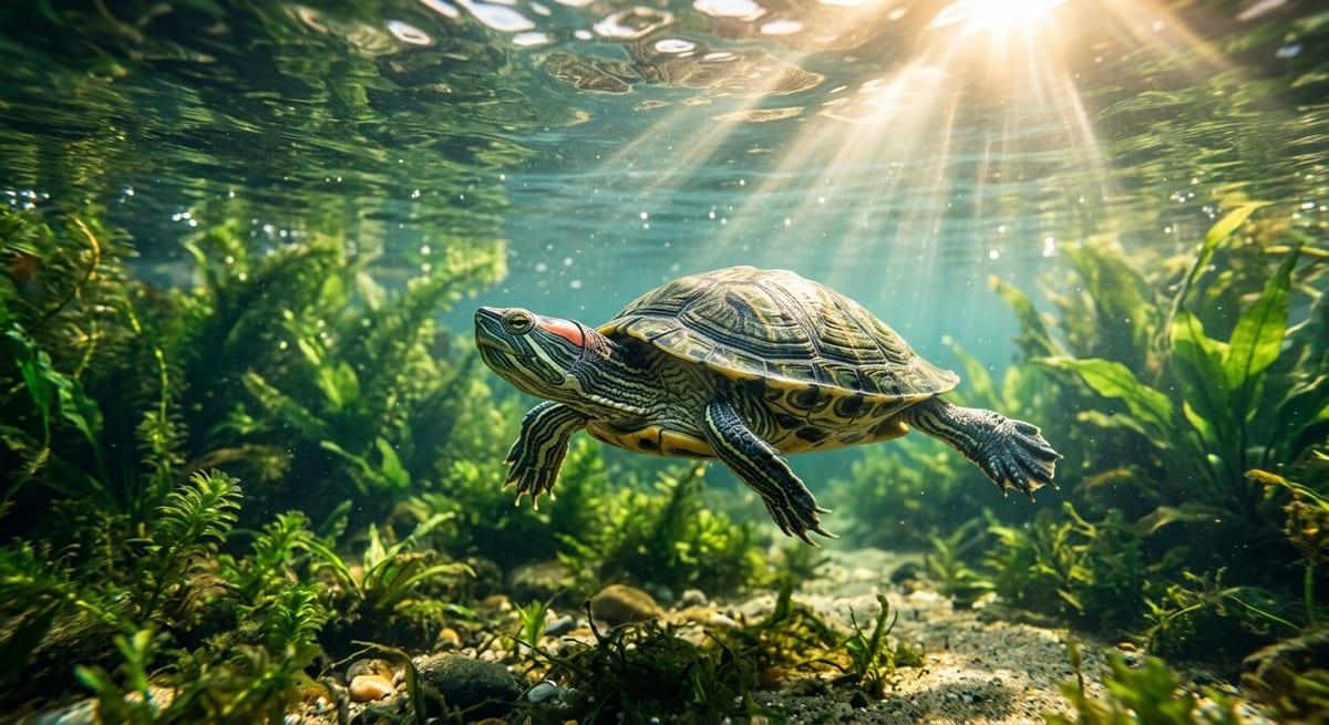 Tortuga de agua nadando en un acuario iluminado con plantas naturales y agua limpia.