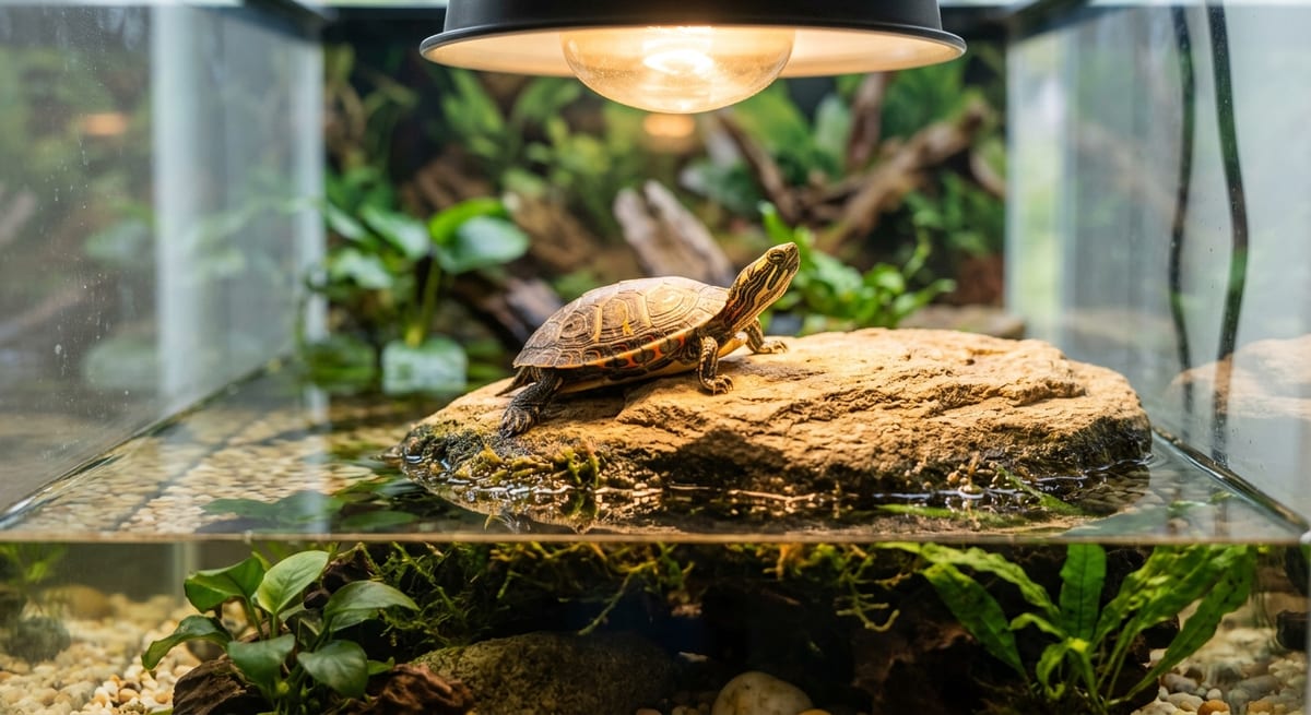 Iluminación y zona seca Hábitat para tortuga con zona seca y lámpara de calor UV para termorregulación.