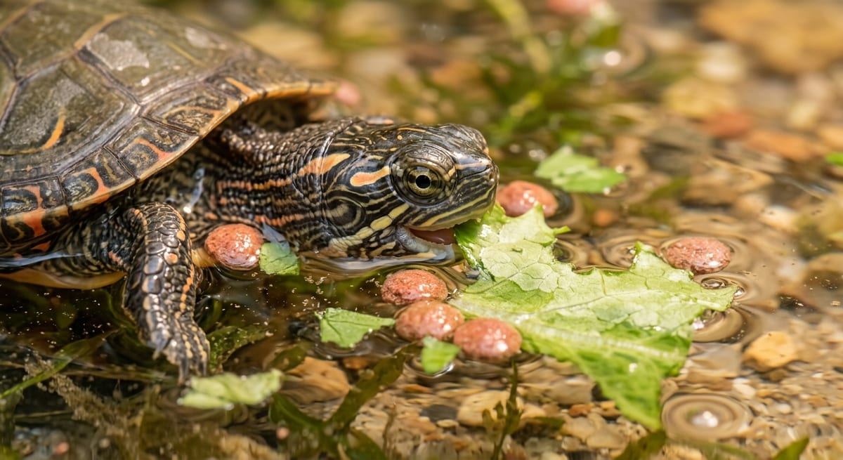 Dieta equilibrada para tortugas Alimentación variada para tortugas incluyendo pellets y vegetales verdes.