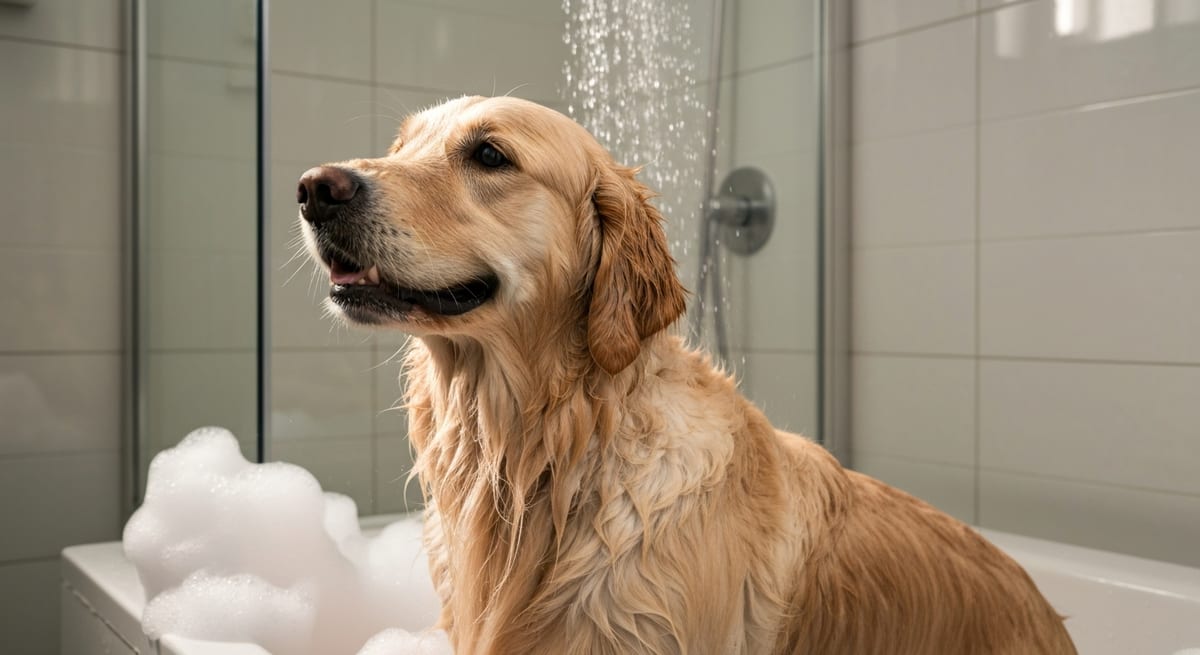 Baño terapéutico paso a paso Proceso de baño terapéutico para perros con dermatitis utilizando productos especializados.