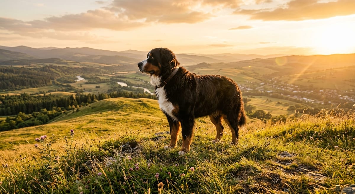 El perro más fuerte del mundo Perro de gran tamaño y fuerza posando majestuosamente en un paisaje natural al atardecer.