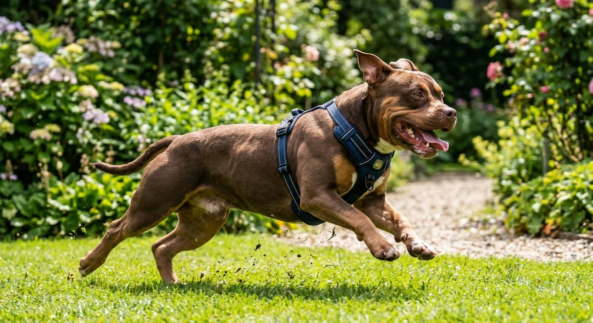 Fuerza de arrastre y musculatura Perro de gran musculatura corriendo de forma atlética en un entorno doméstico limpio.