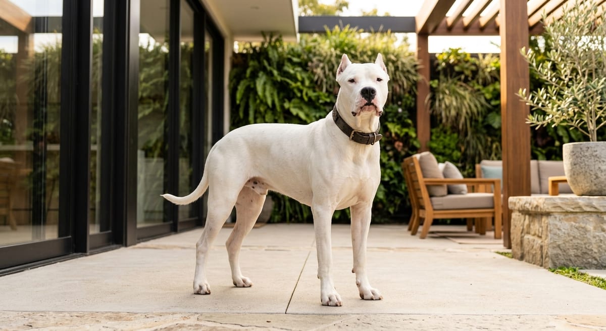 Potencia del Dogo Argentino Dogo Argentino blanco mostrando una postura potente y resistente en un entorno exterior.