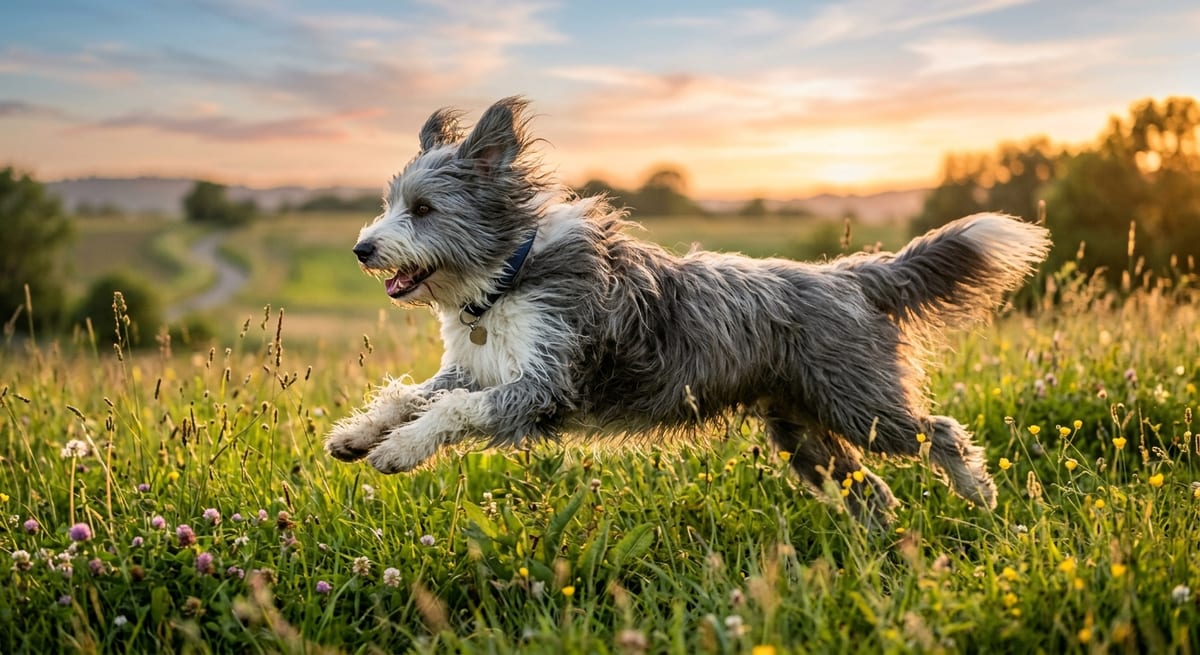 Bearded Collie en libertad Perro Bearded Collie saltando feliz en un campo verde resaltando su pelaje largo y carácter alegre.