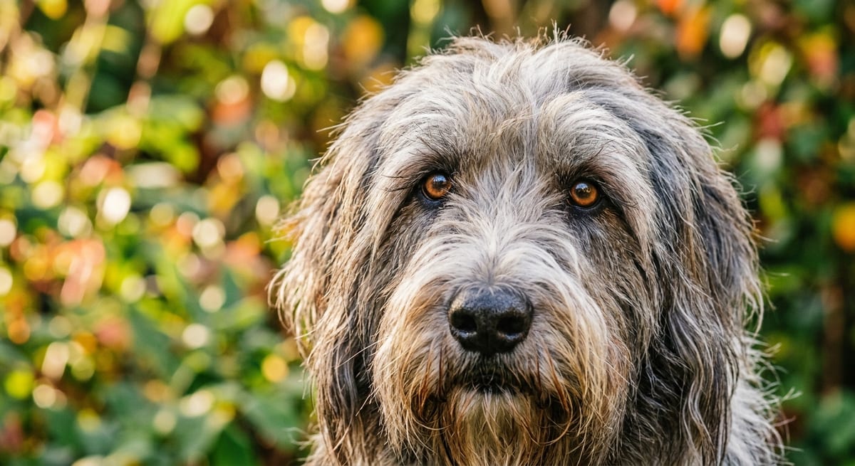 Rasgos faciales del Bearded Collie Primer plano de la cara de un Bearded Collie mostrando su barba característica y ojos expresivos.