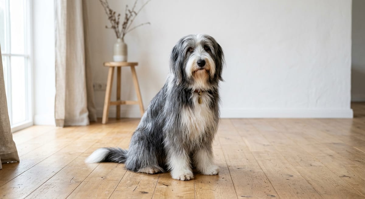Mantenimiento del pelaje Bearded Collie con pelaje cepillado y brillante en una sala de estar iluminada.