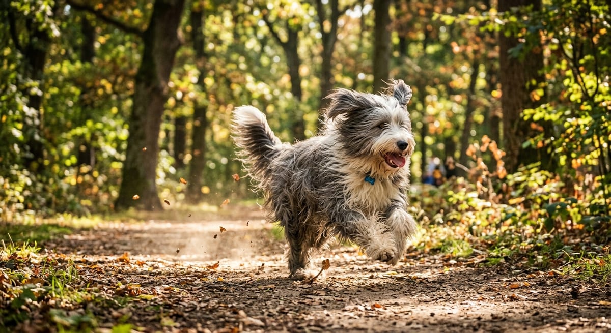 Ejercicio y vitalidad Bearded Collie haciendo ejercicio en un parque resaltando su agilidad y vitalidad.