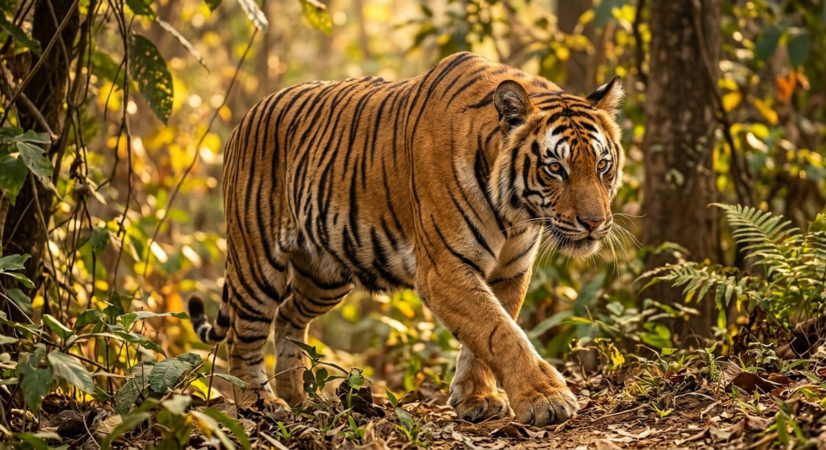 Majestuosidad del tigre Primer plano de un tigre de Bengala mostrando su gran tamaño y peso en la selva