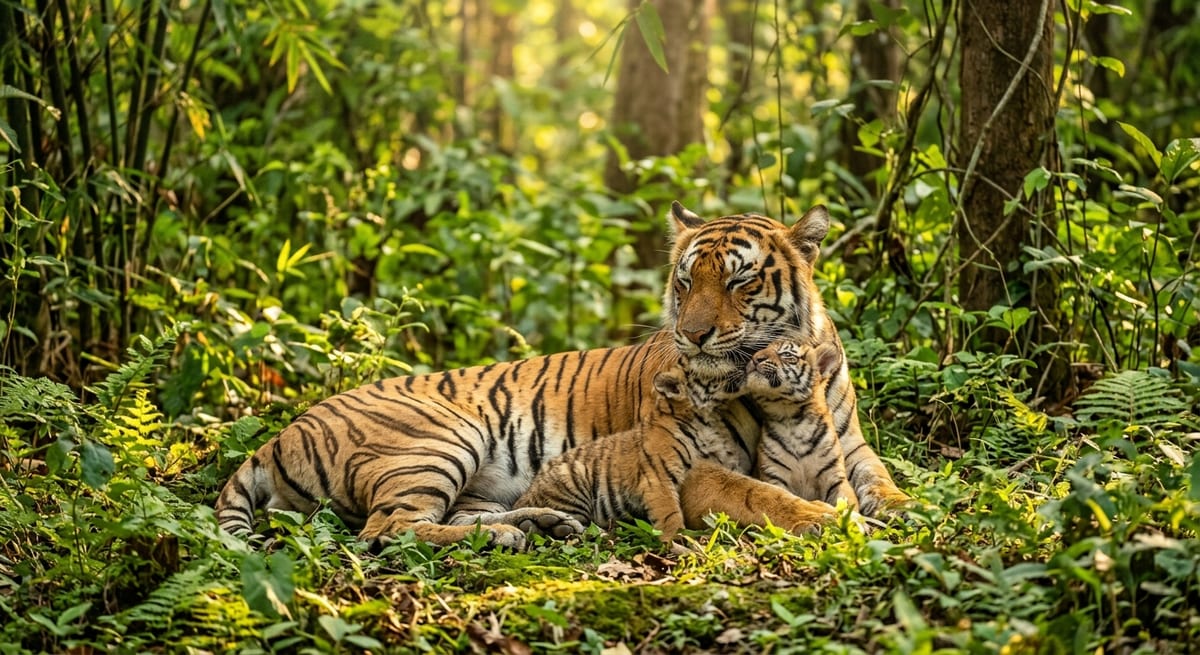 Futuro de la especie Tigresa y cachorro en su hábitat natural como símbolo de conservación