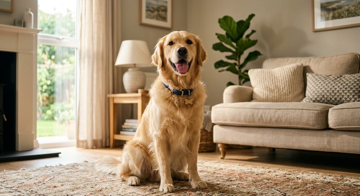 Significado de las posturas del perro Perro Golden Retriever relajado en una casa iluminada mostrando un lenguaje corporal positivo y amigable.