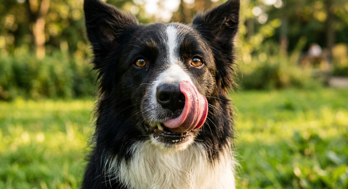 Señales de calma en perros Perro lamiéndose el hocico como señal de calma para reducir el estrés en el lenguaje canino.