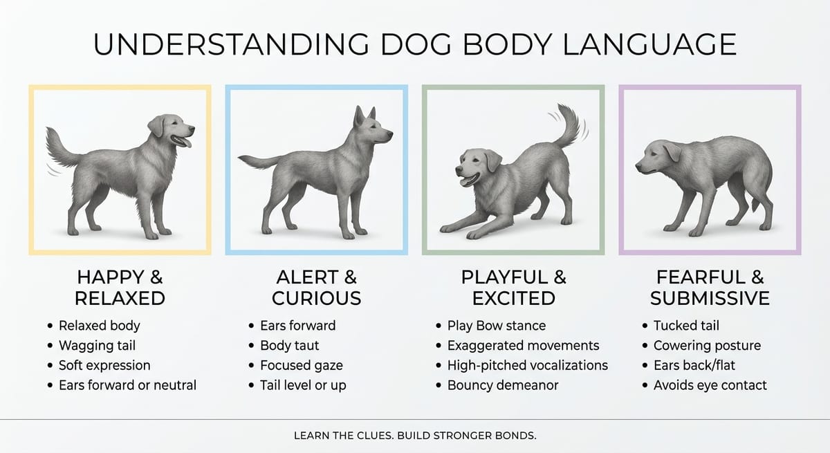Comparativa de lenguaje corporal canino Infografía comparativa de posturas del perro: juego, alerta, sumisión y estado relajado.