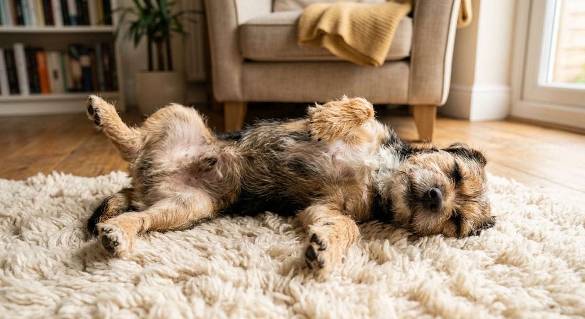 Posturas del perro al dormir Perro durmiendo panza arriba en una alfombra, postura que indica máxima confianza en su entorno.