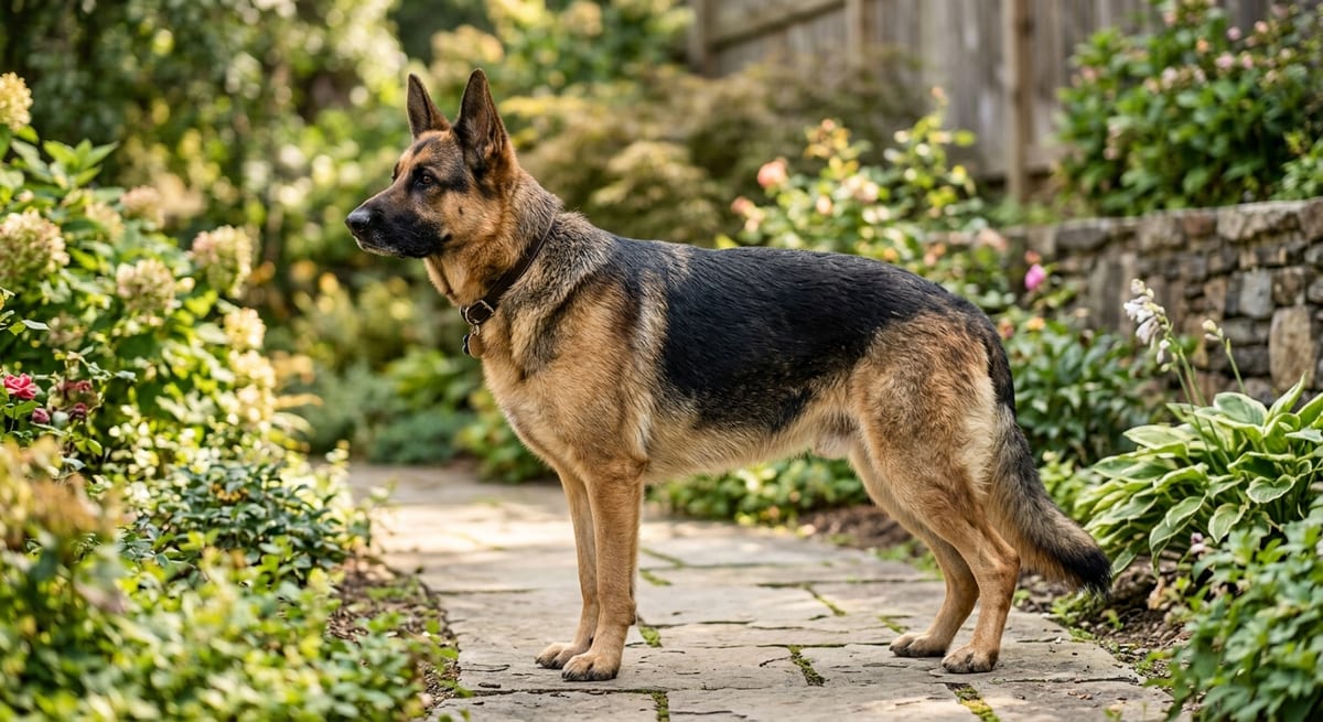 Postura de alerta en perros Pastor Alemán en postura de alerta con orejas erguidas y mirada atenta al entorno.